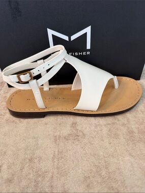 Marc Fisher Lille White Ivory Leather Toe-Ring Ankle-Strap Sandal